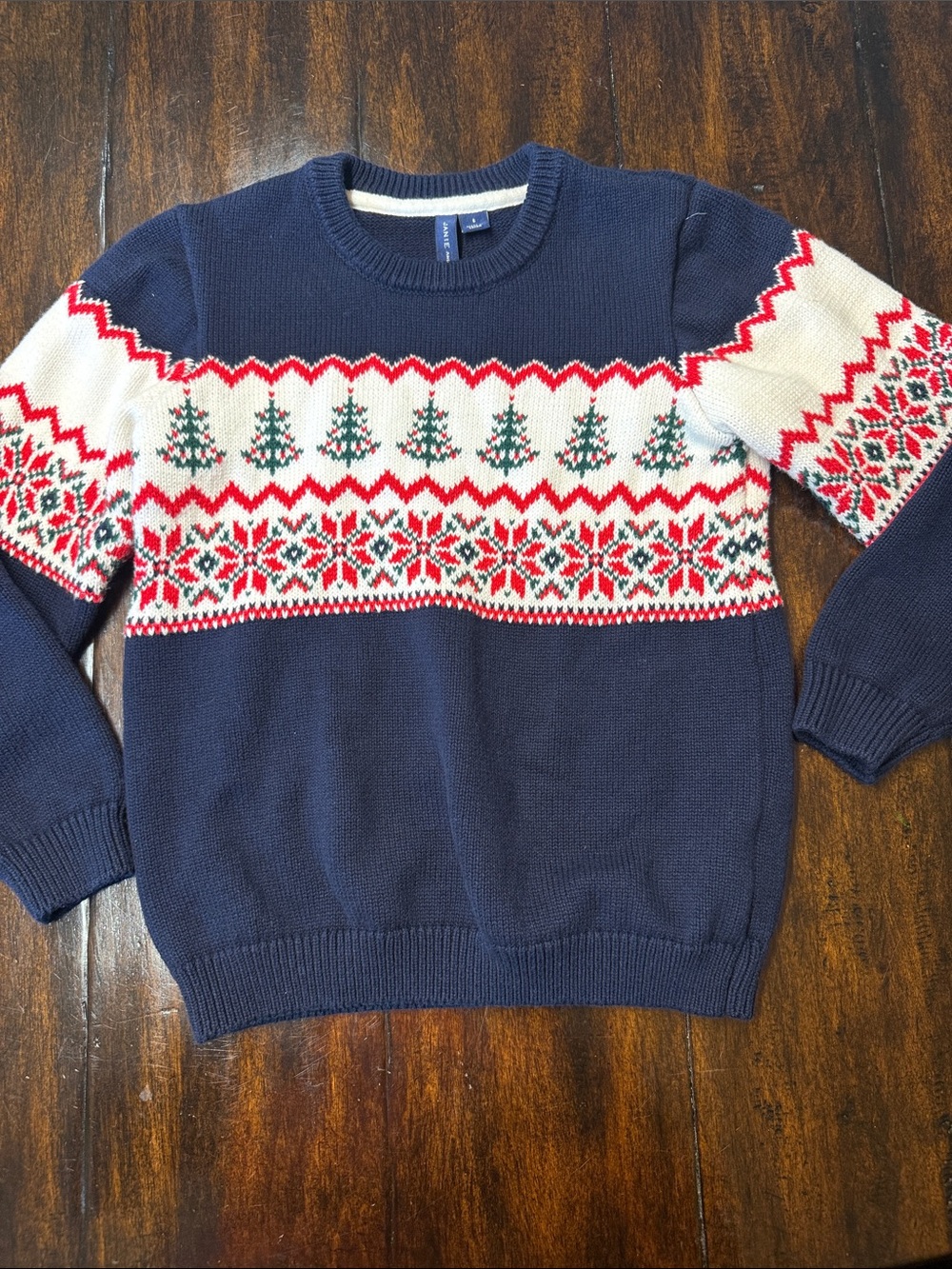 Janie and Jack Navy Blue Holiday Fair Isle Sweater with Red and Cream Accents
